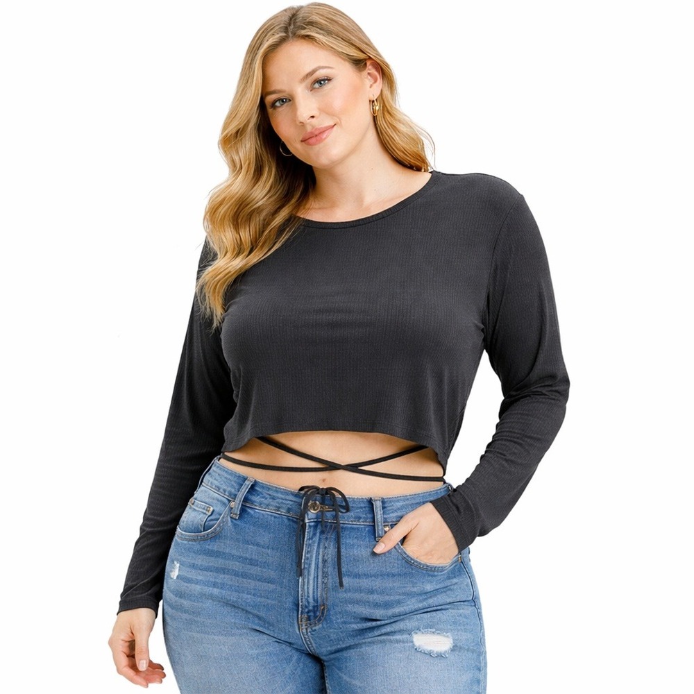 Abercrombie & Fitch Ribbed Crop Top Long Sleeve Black Tie Waist Size Large